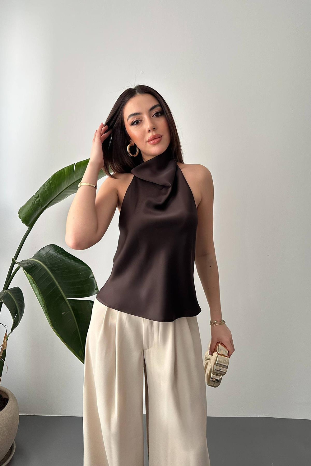 Wholesale Brown Cowl-Neck Satin Blouse