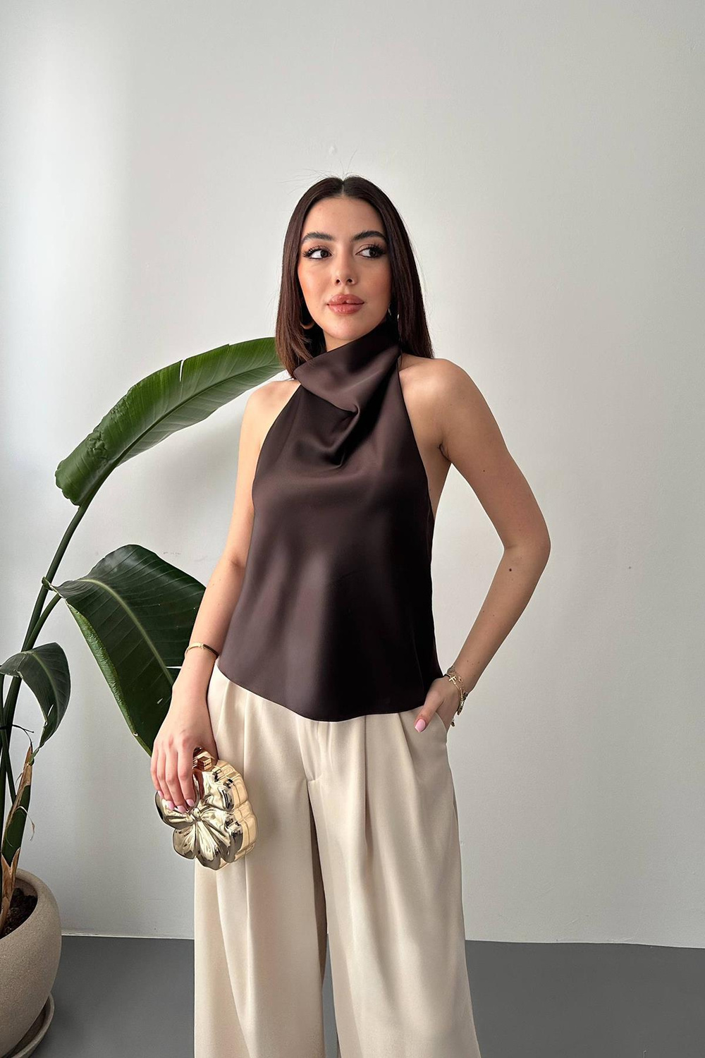 Wholesale Brown Cowl-Neck Satin Blouse
