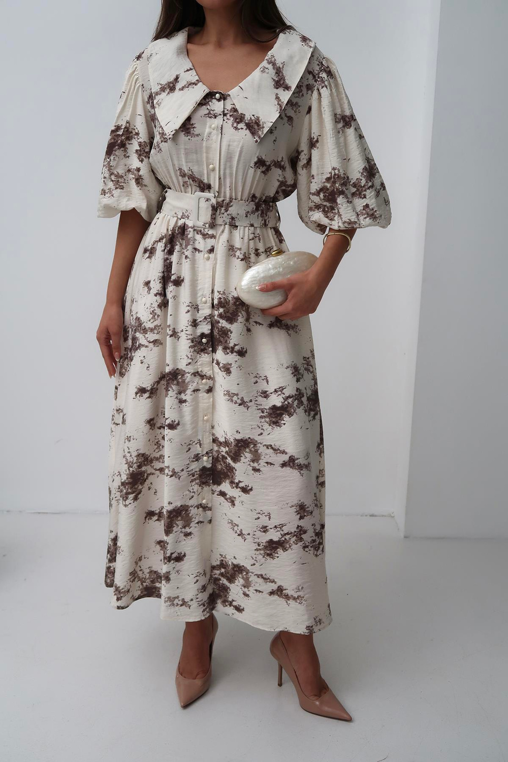 Wholesale Brown Patterned Belted Dress