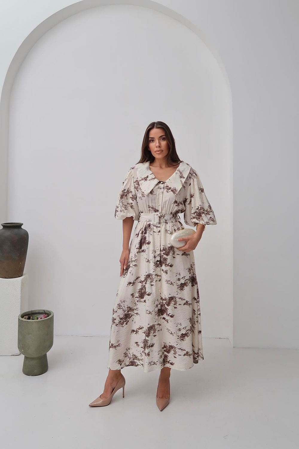 Wholesale Brown Patterned Belted Dress