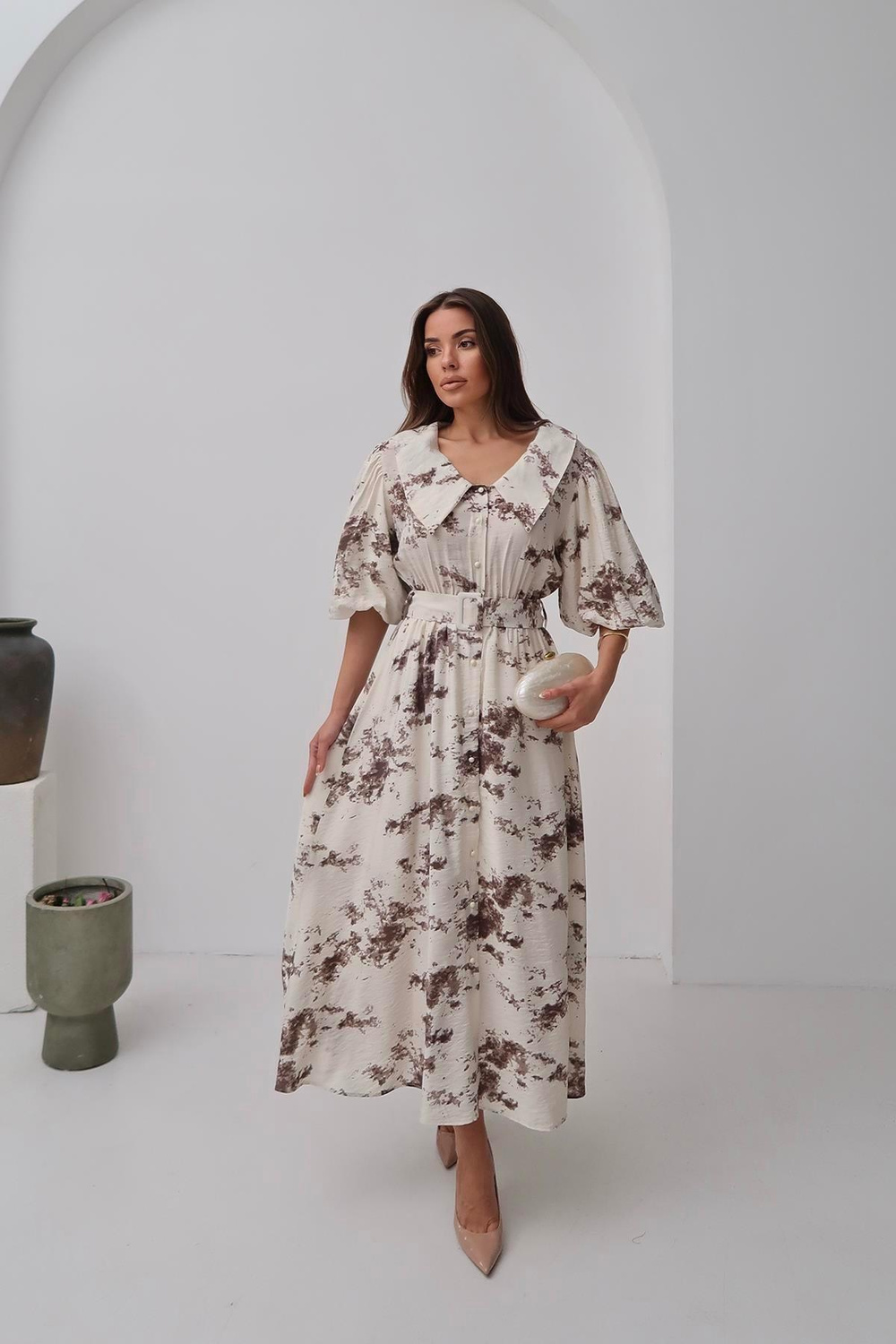 Wholesale Brown Patterned Belted Dress