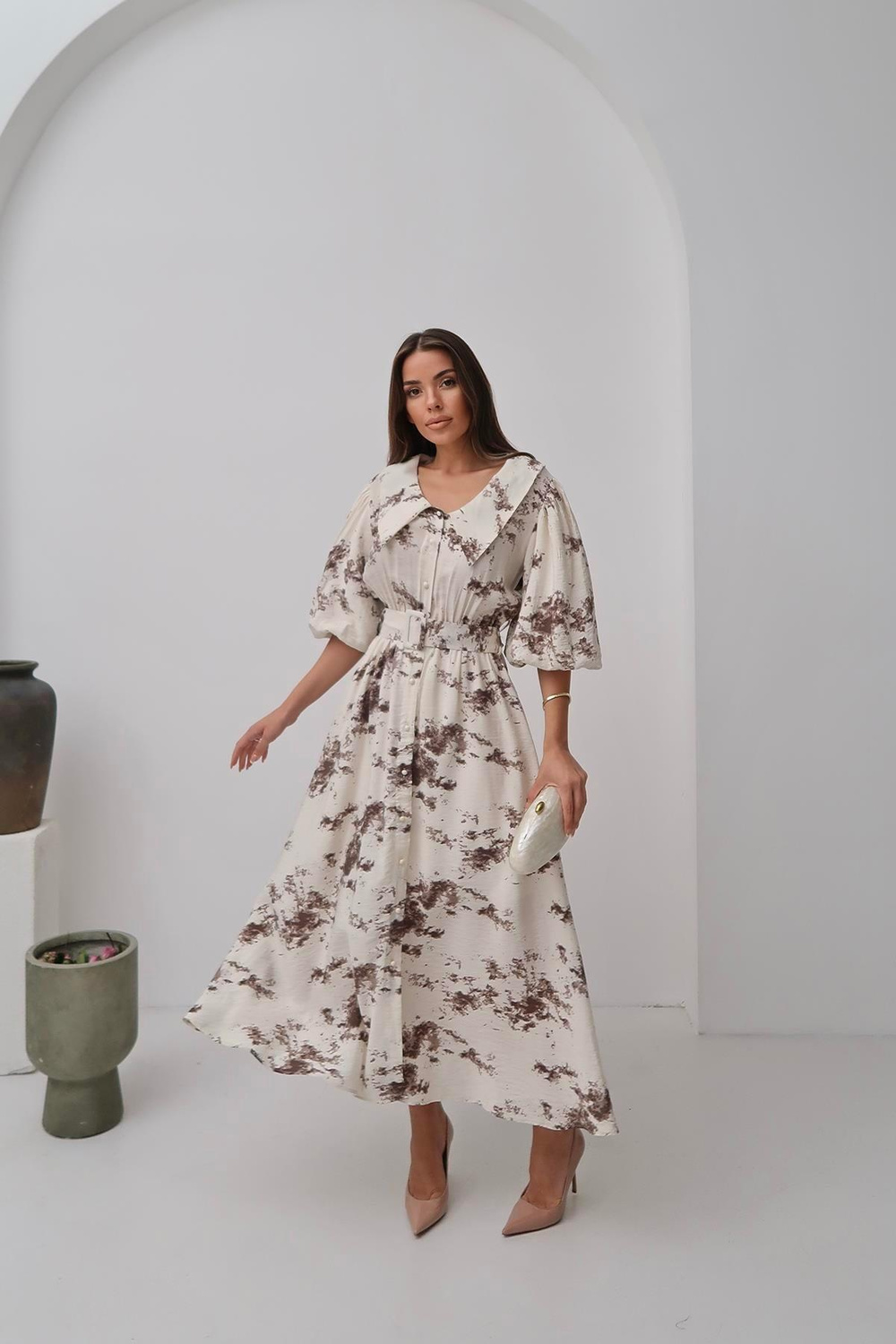 Wholesale Brown Patterned Belted Dress