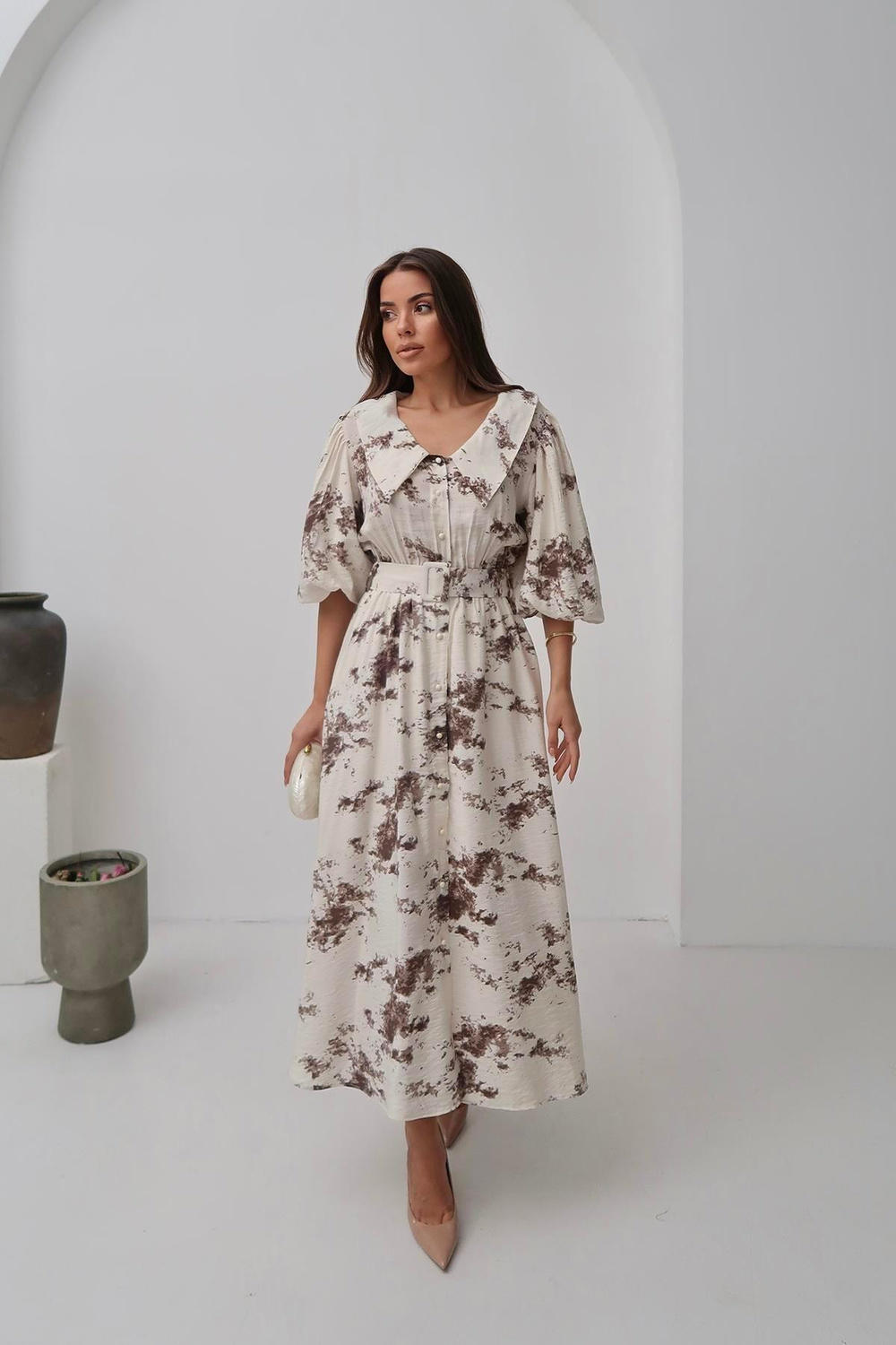 Wholesale Brown Patterned Belted Dress