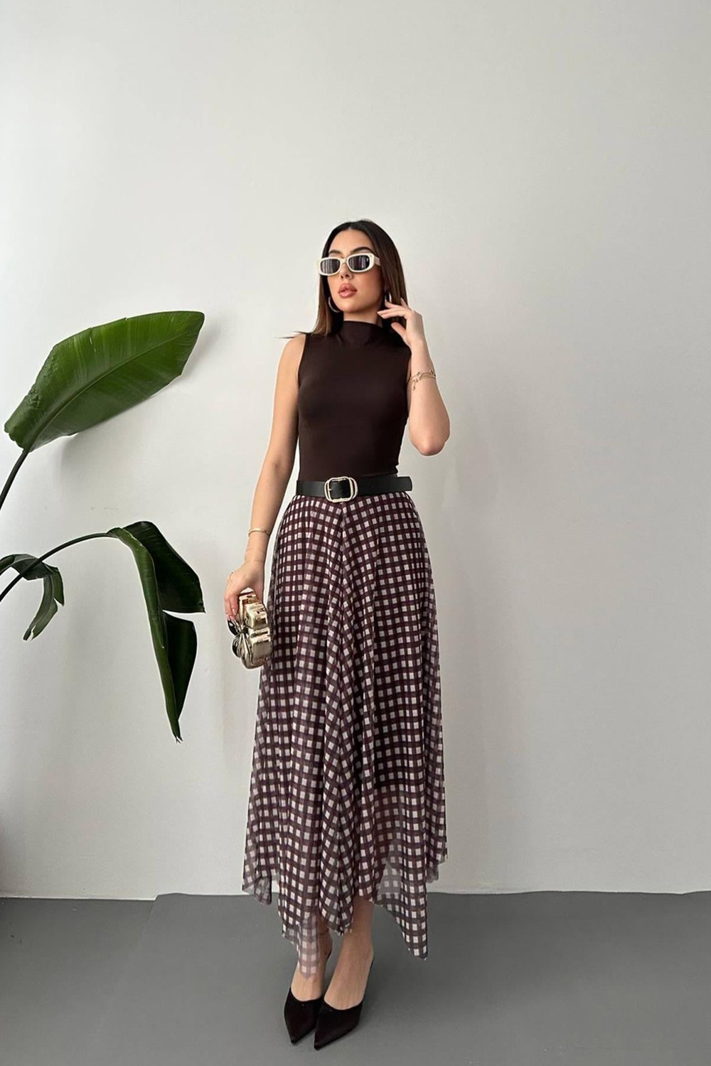 Wholesale Brown Plaid Tulle Skirt