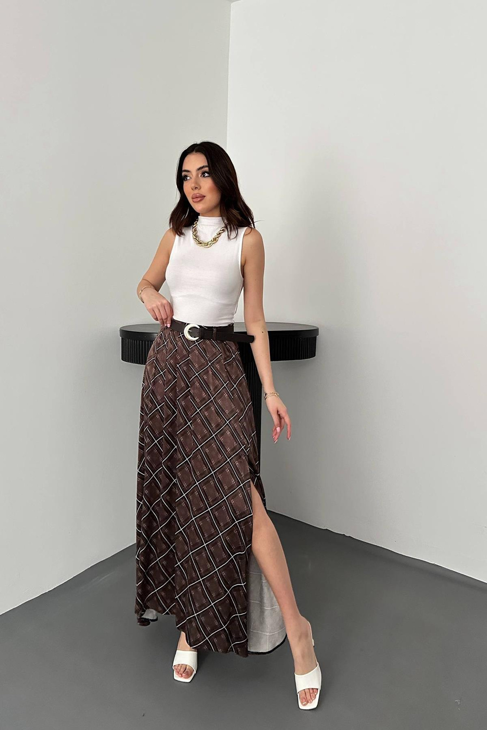Wholesale Brown Plaid Skirt