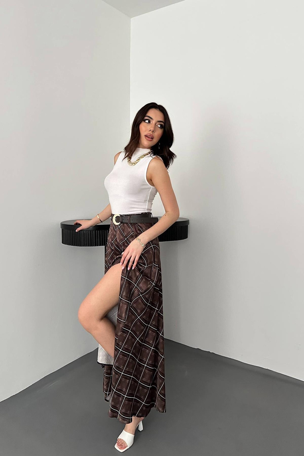 Wholesale Brown Plaid Skirt