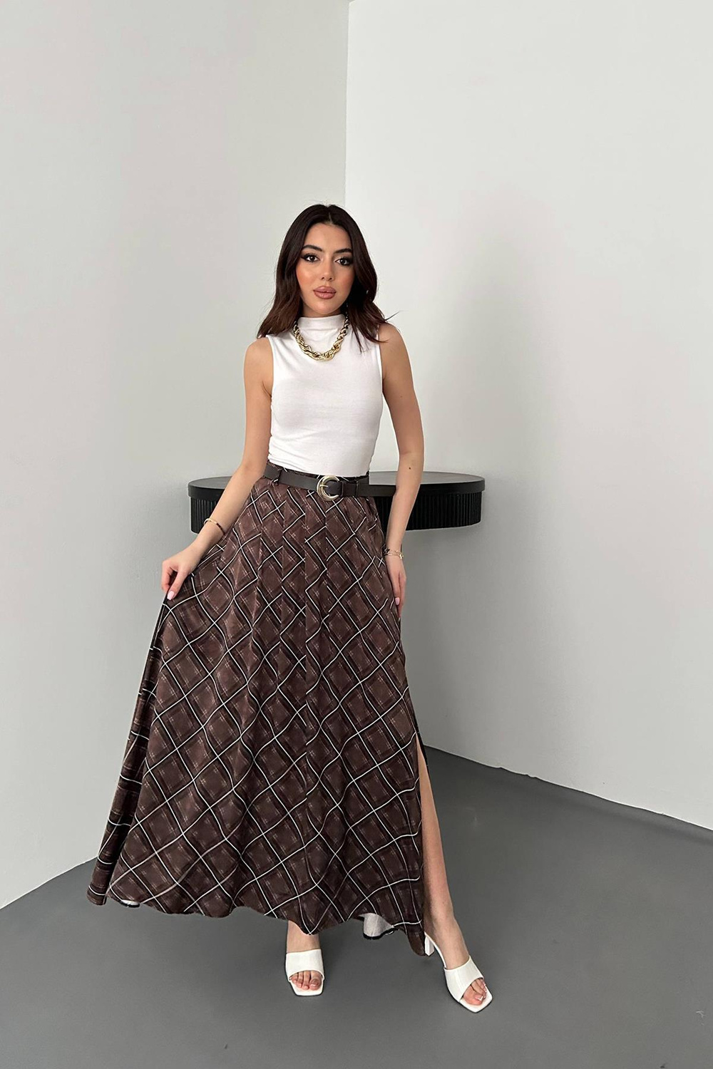 Wholesale Brown Plaid Skirt