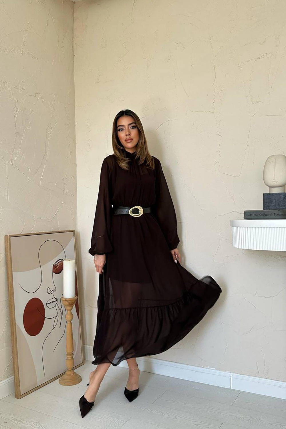 Wholesale Brown Ruffled Chiffon Dress