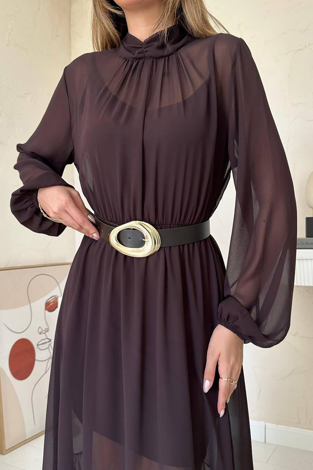 Wholesale Brown Ruffled Chiffon Dress