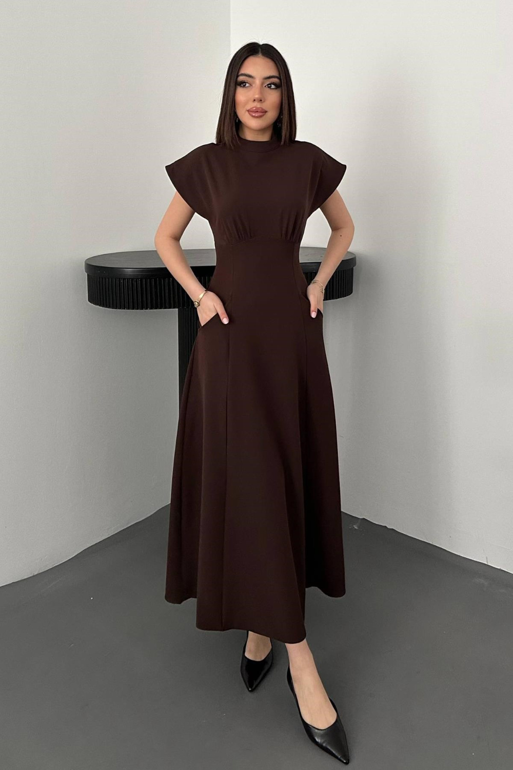 Wholesale Brown Dress with Bust Gathering