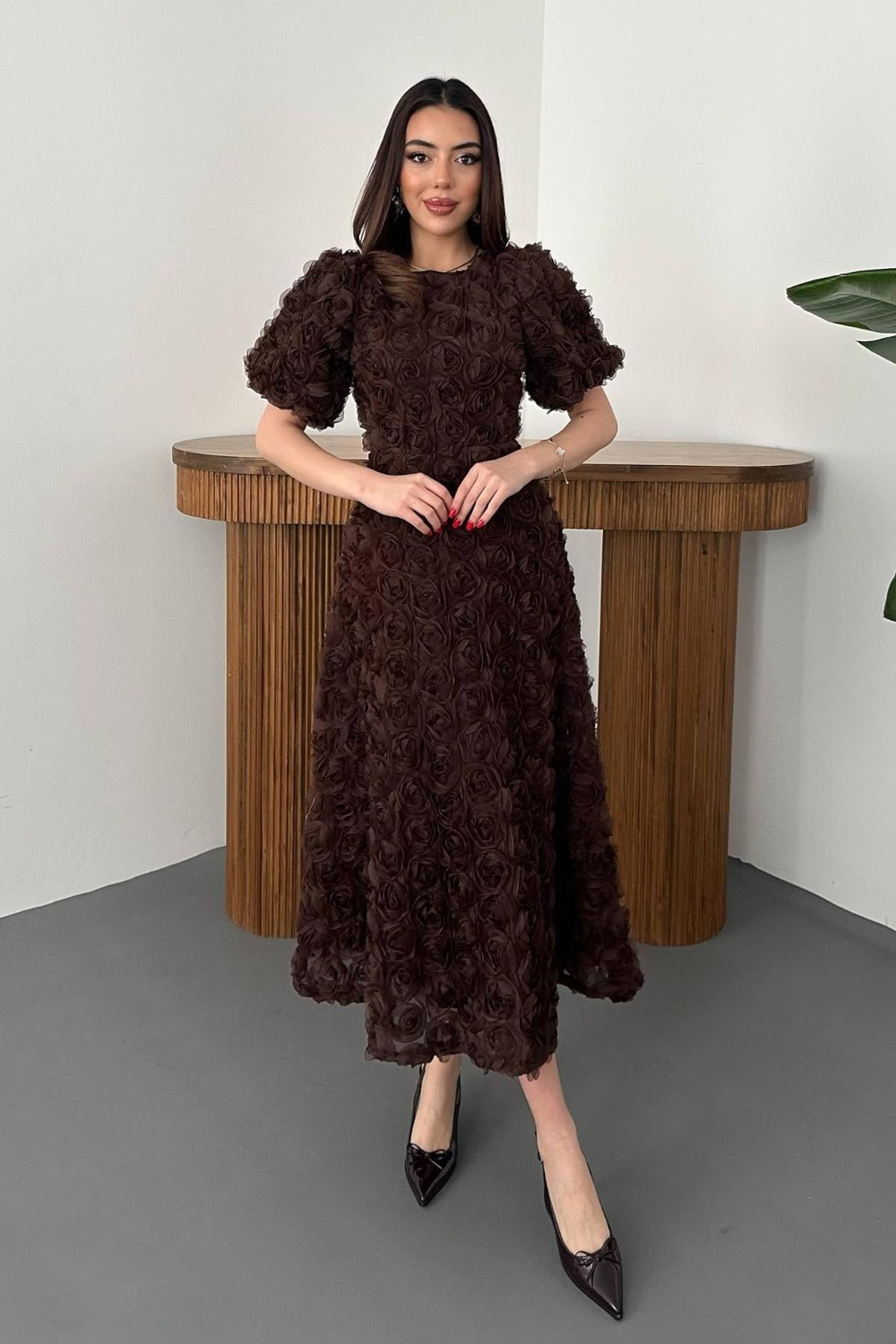 Wholesale Brown Dress with Rose Draping