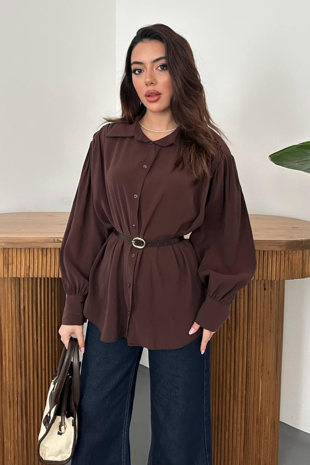 Wholesale Brown Modal Shirt with Belt