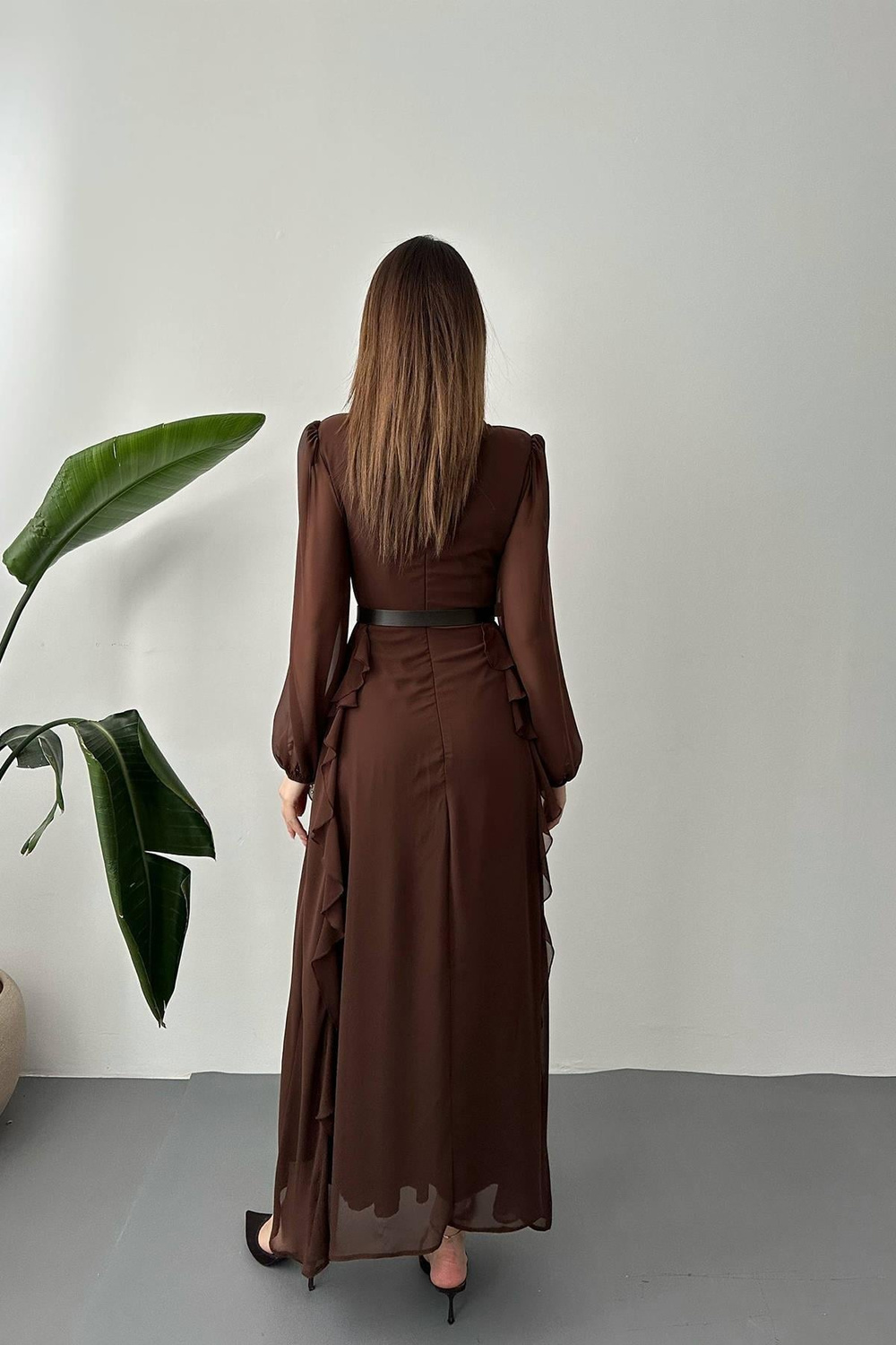 Wholesale Brown Belted Chiffon Dress