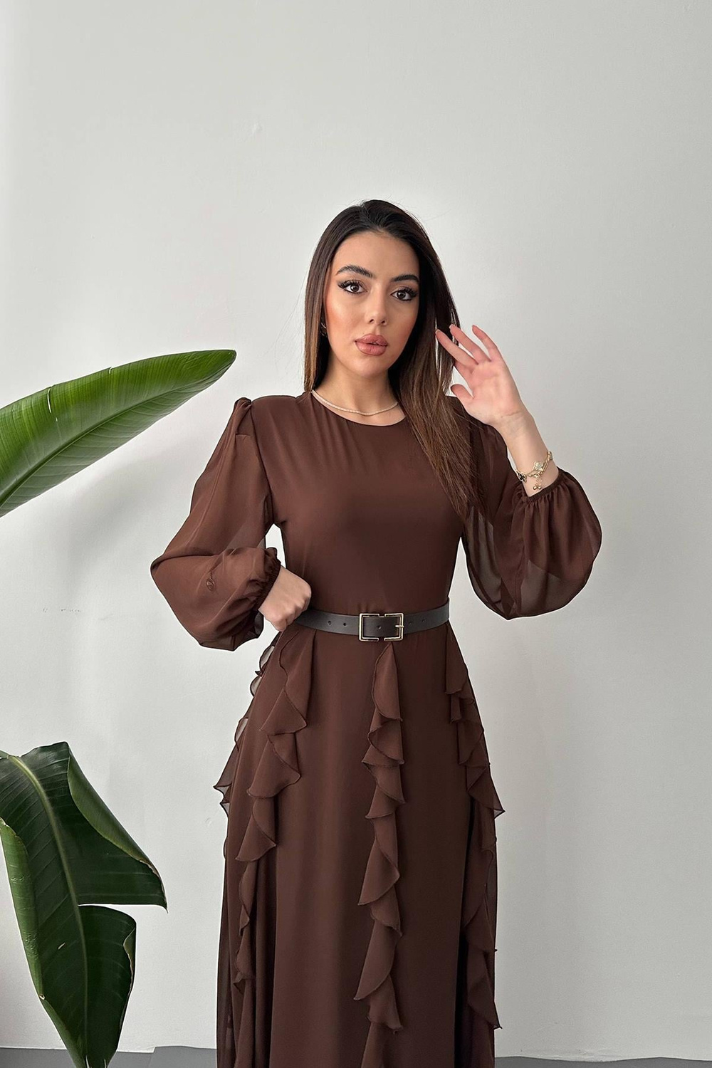 Wholesale Brown Belted Chiffon Dress