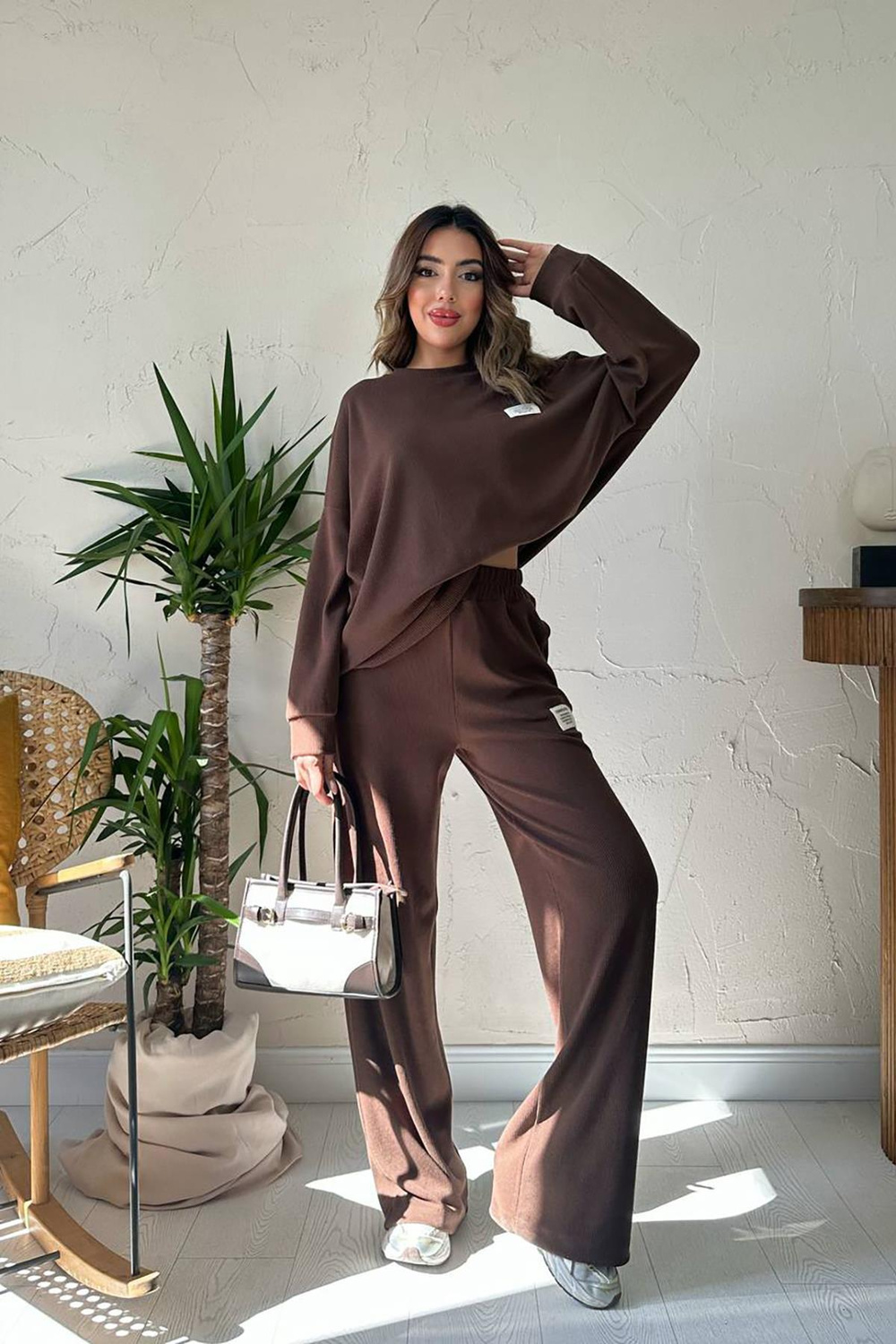 Wholesale Womens Brown Ribbed Knit Co-Ord Set