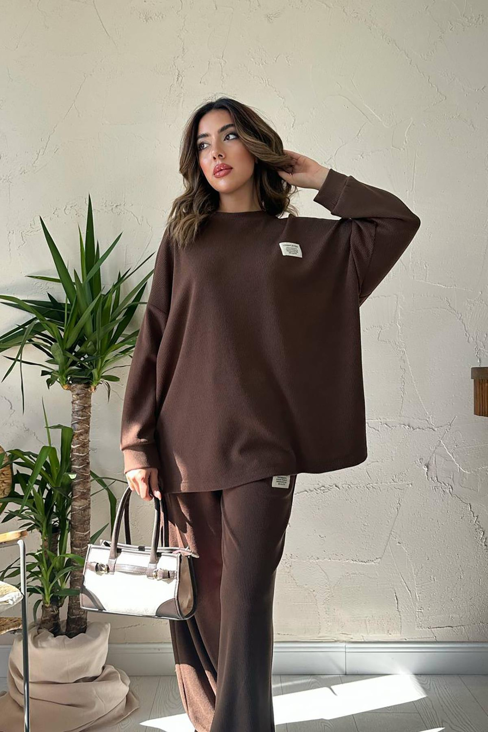 Wholesale Womens Brown Ribbed Knit Co-Ord Set