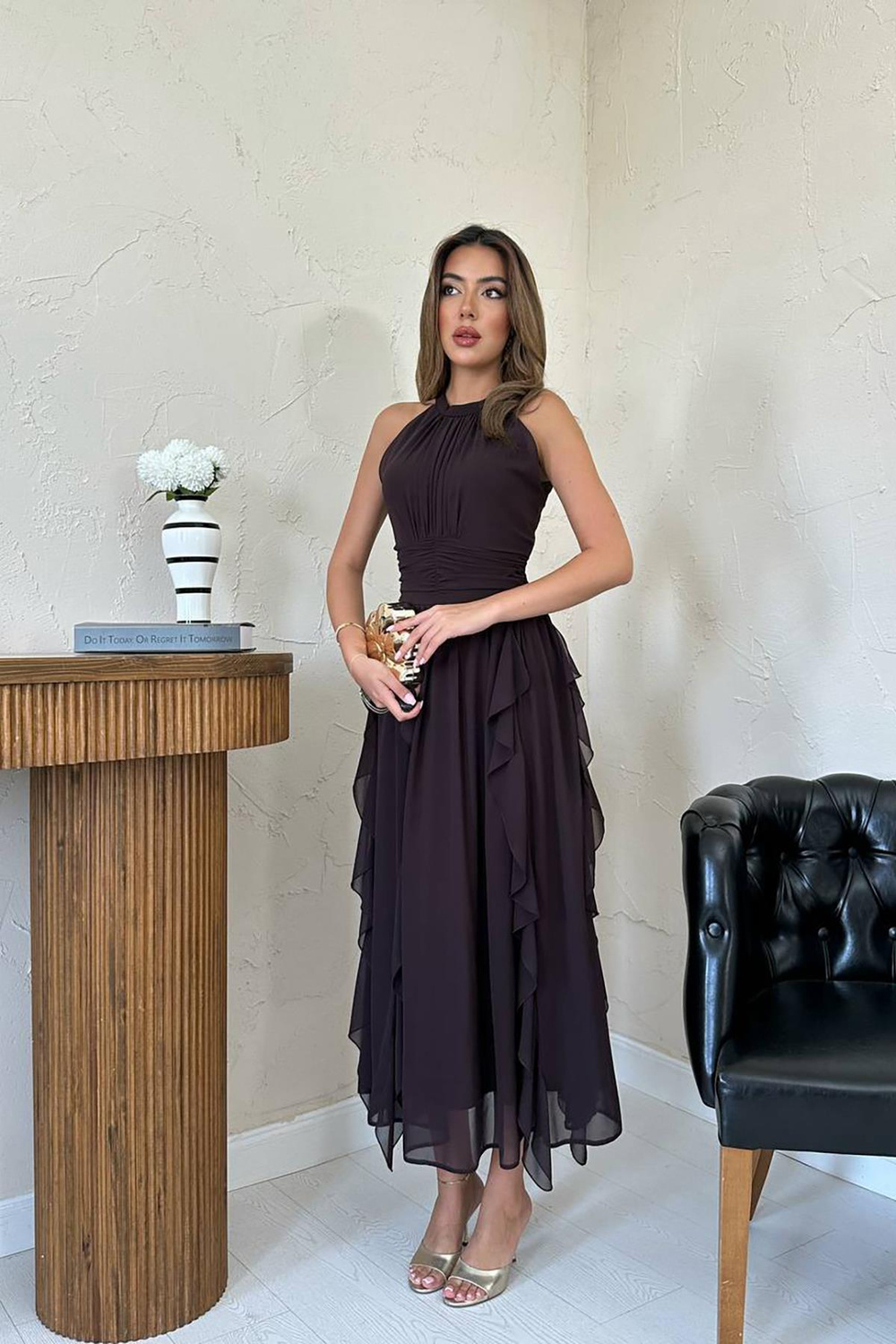 Wholesale Brown Frilled Dress