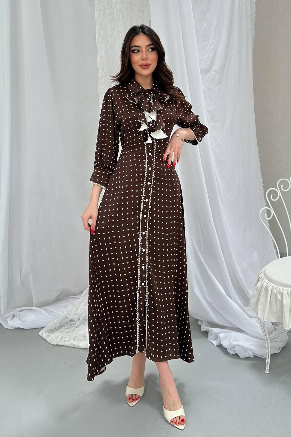 Wholesale Brown Polka Dot Dress with Button Front