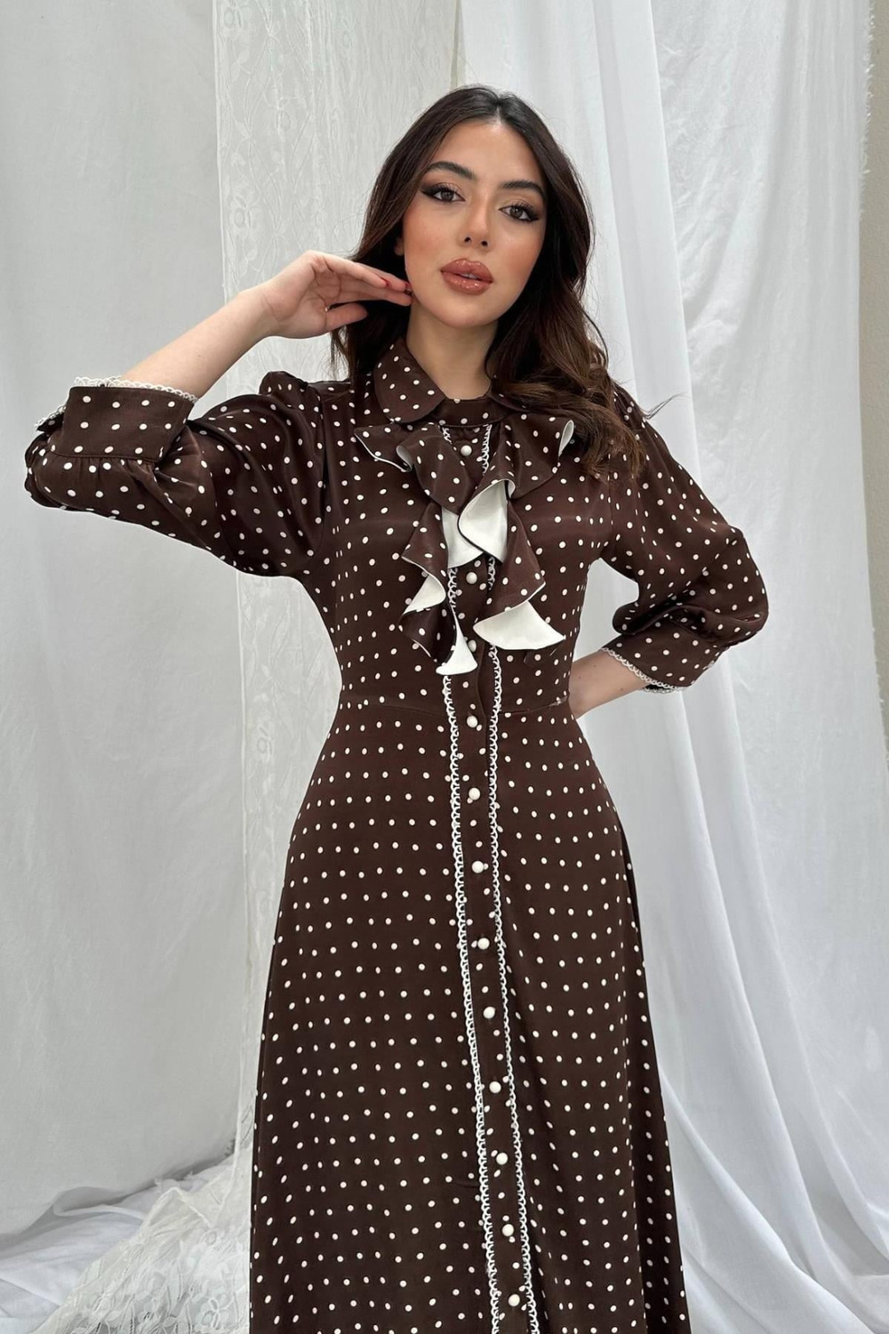 Wholesale Brown Polka Dot Dress with Button Front