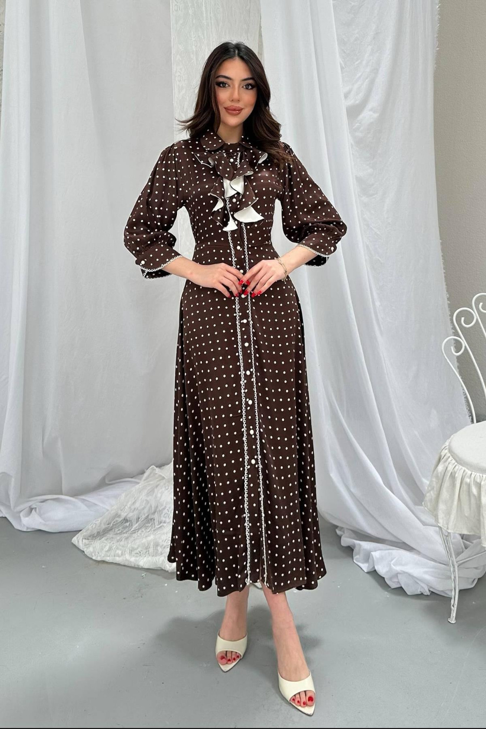 Wholesale Brown Polka Dot Dress with Button Front