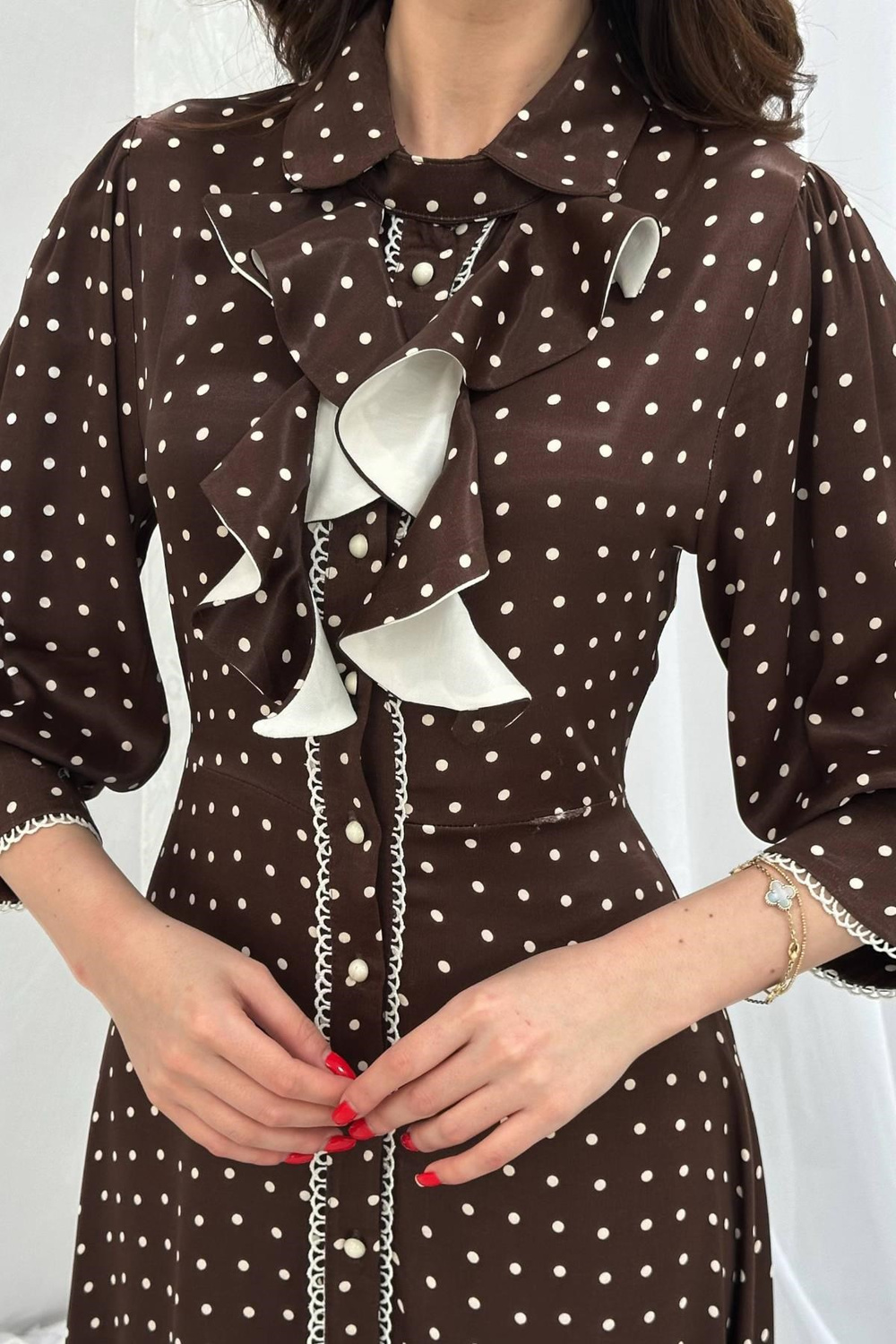 Wholesale Brown Polka Dot Dress with Button Front