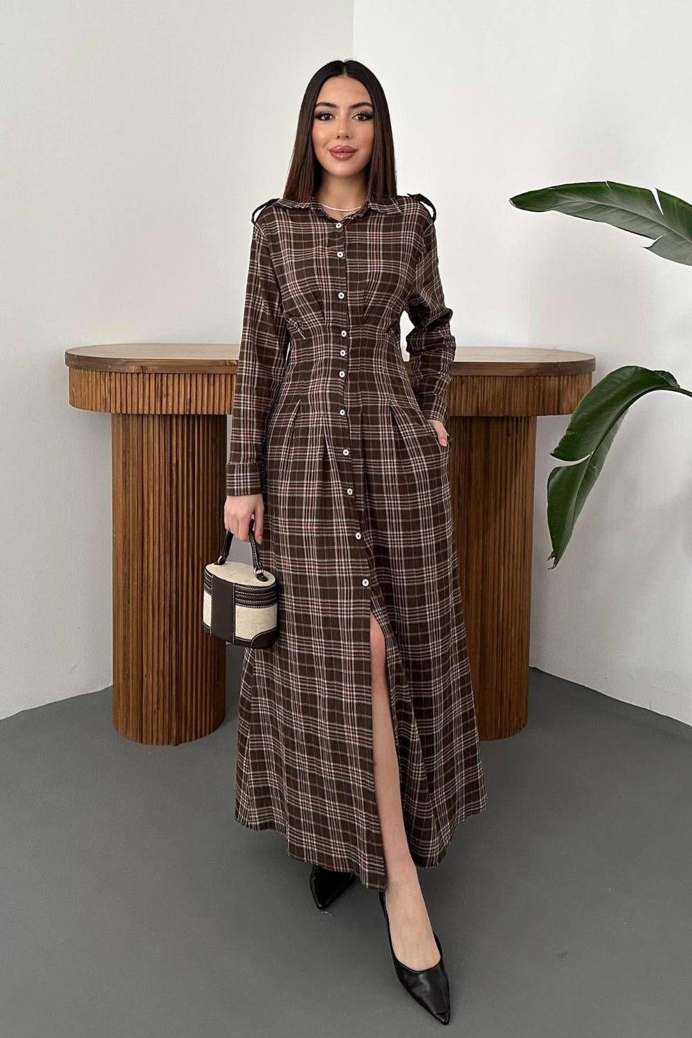 Wholesale Brown Pleated Plaid Dress