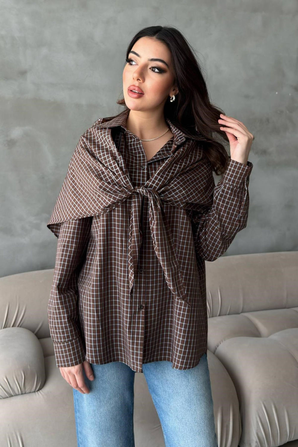 Wholesale Brown Oversize Shirt with Shawl Detail