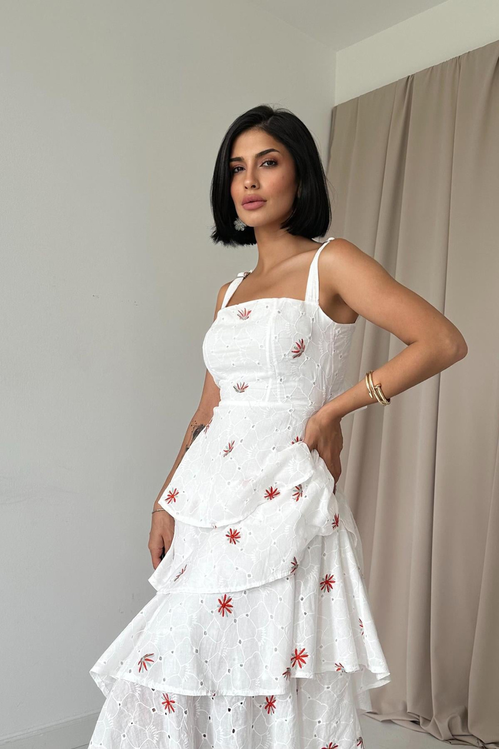 Wholesale White-Red Back-Tie Layered Dress