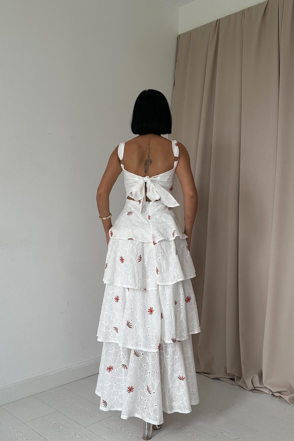 Wholesale White-Red Back-Tie Layered Dress