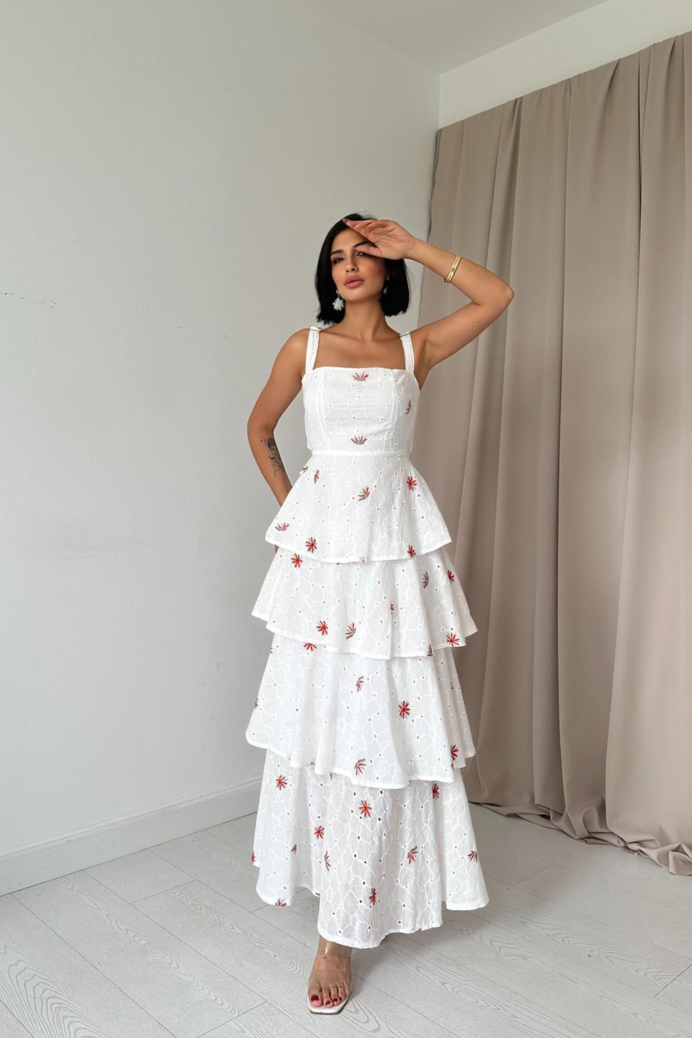 Wholesale White-Red Back-Tie Layered Dress