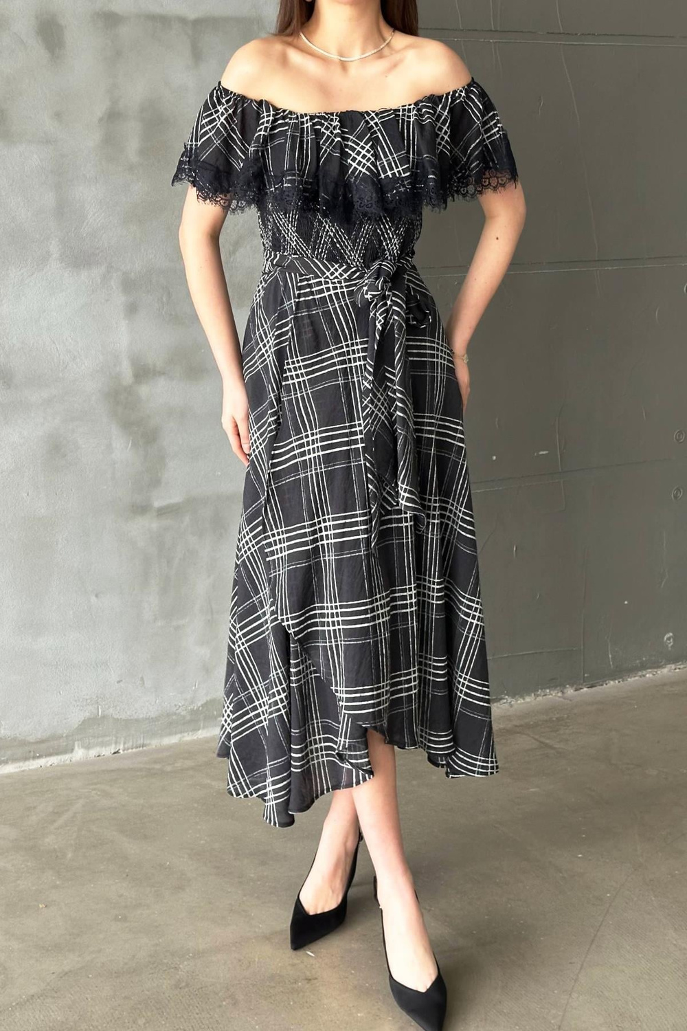 Wholesale Navy Plaid Dress with Lace Trim