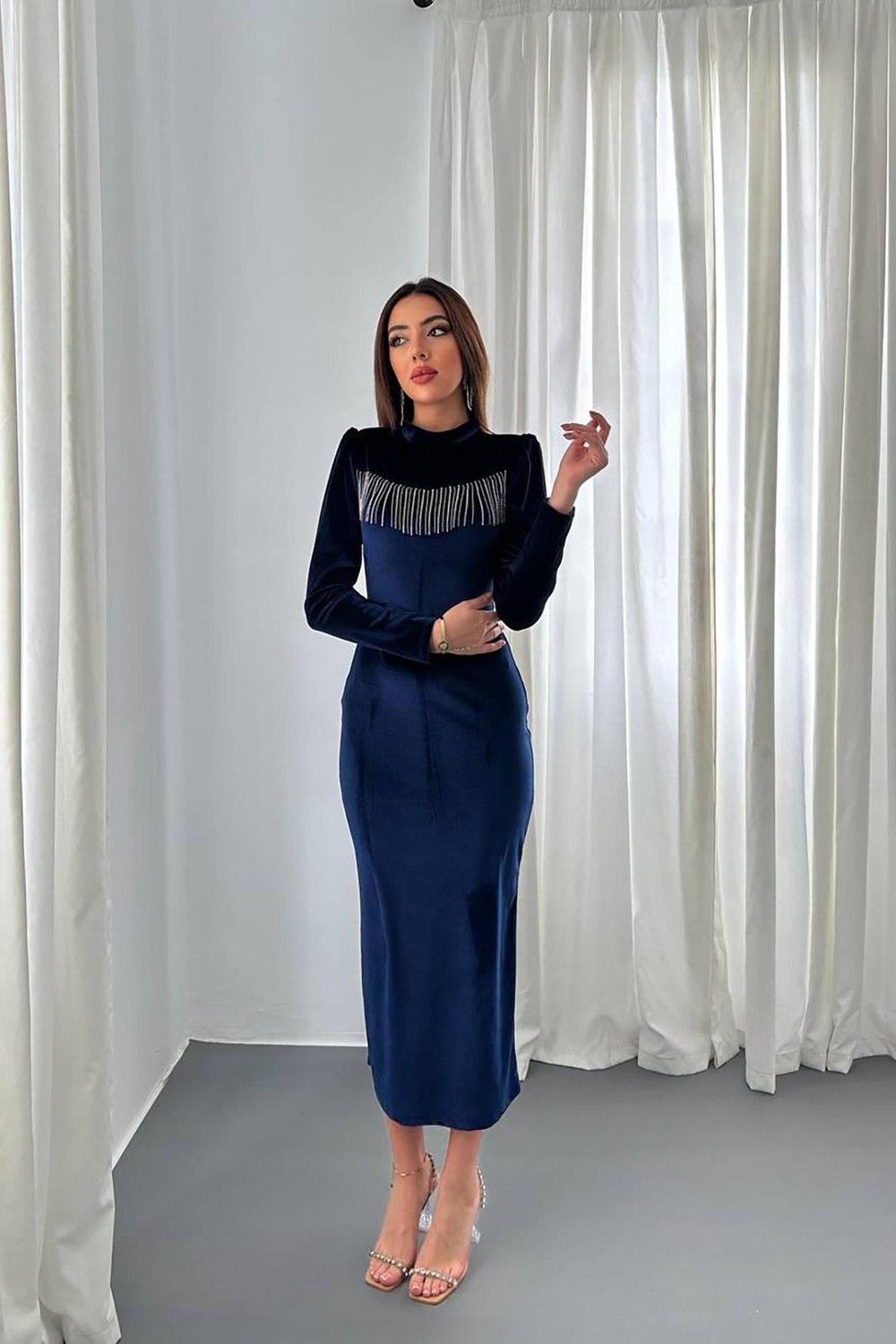 Wholesale Navy Velvet Dress with Rhinestone Fringe