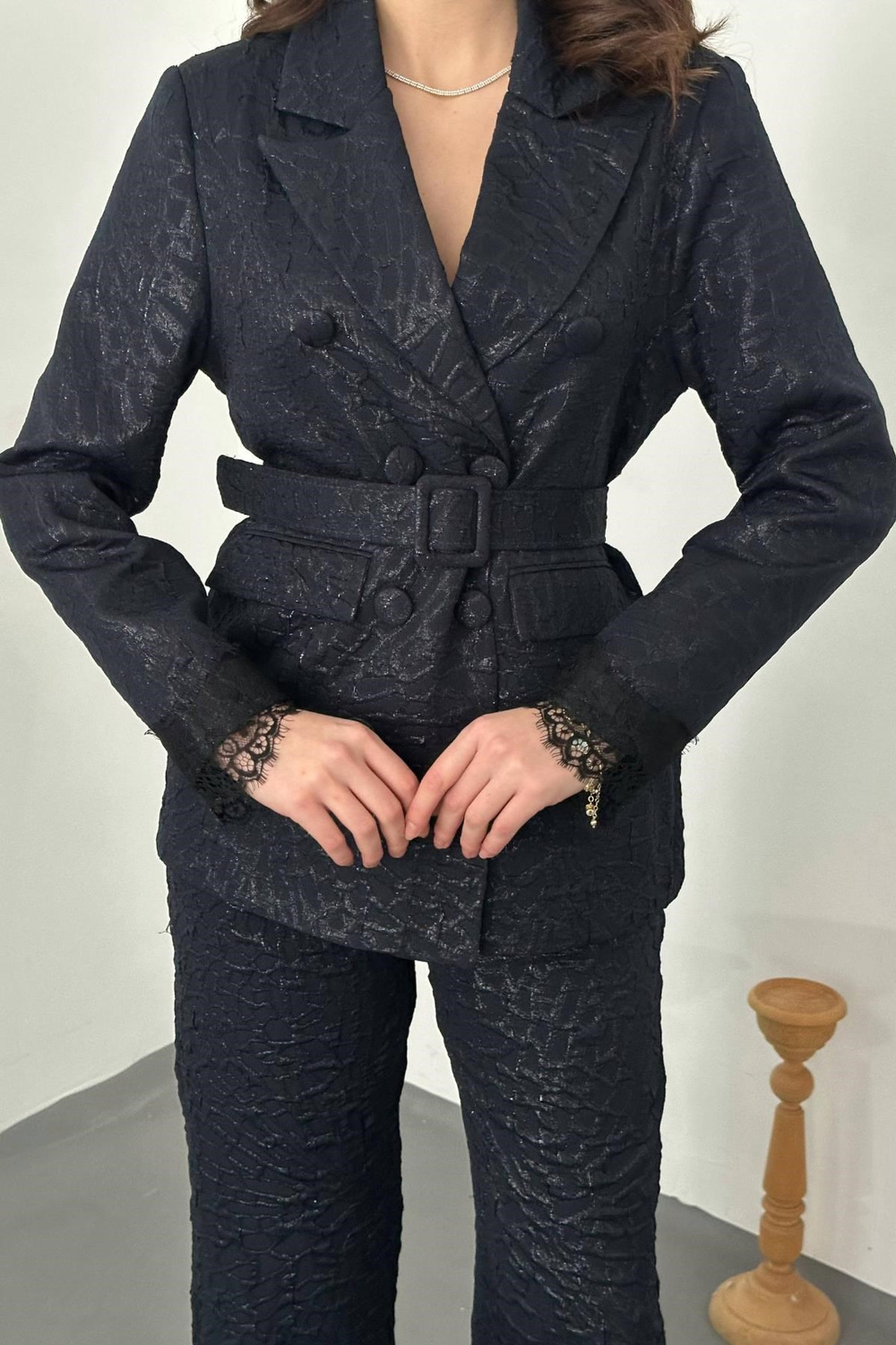 Wholesale Navy Sparkly Suit with Lace Trim