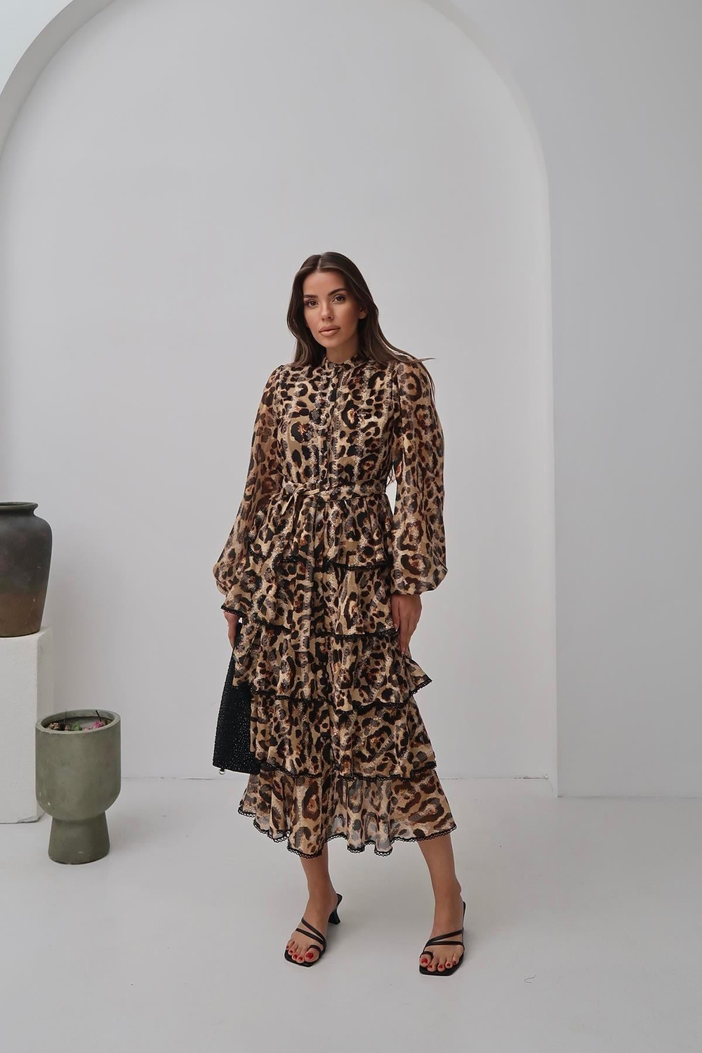 Wholesale Leopard Ruffled Striped Long Dress