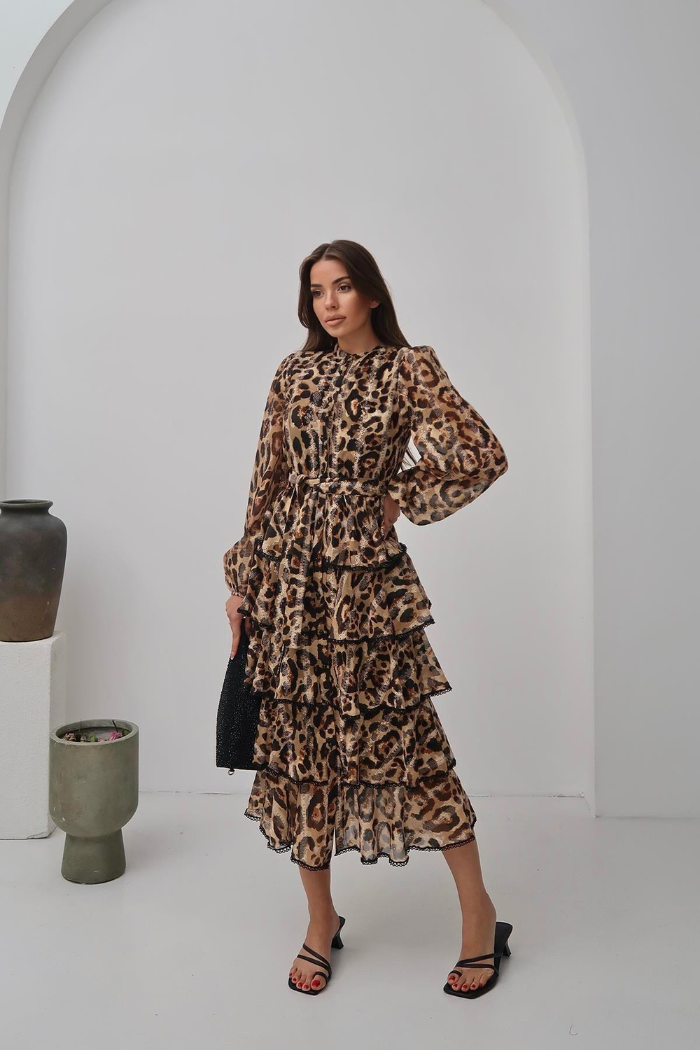 Wholesale Leopard Ruffled Striped Long Dress