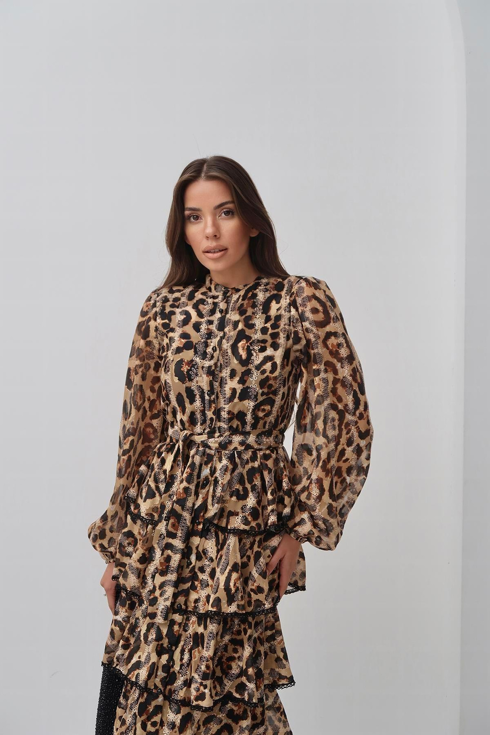Wholesale Leopard Ruffled Striped Long Dress