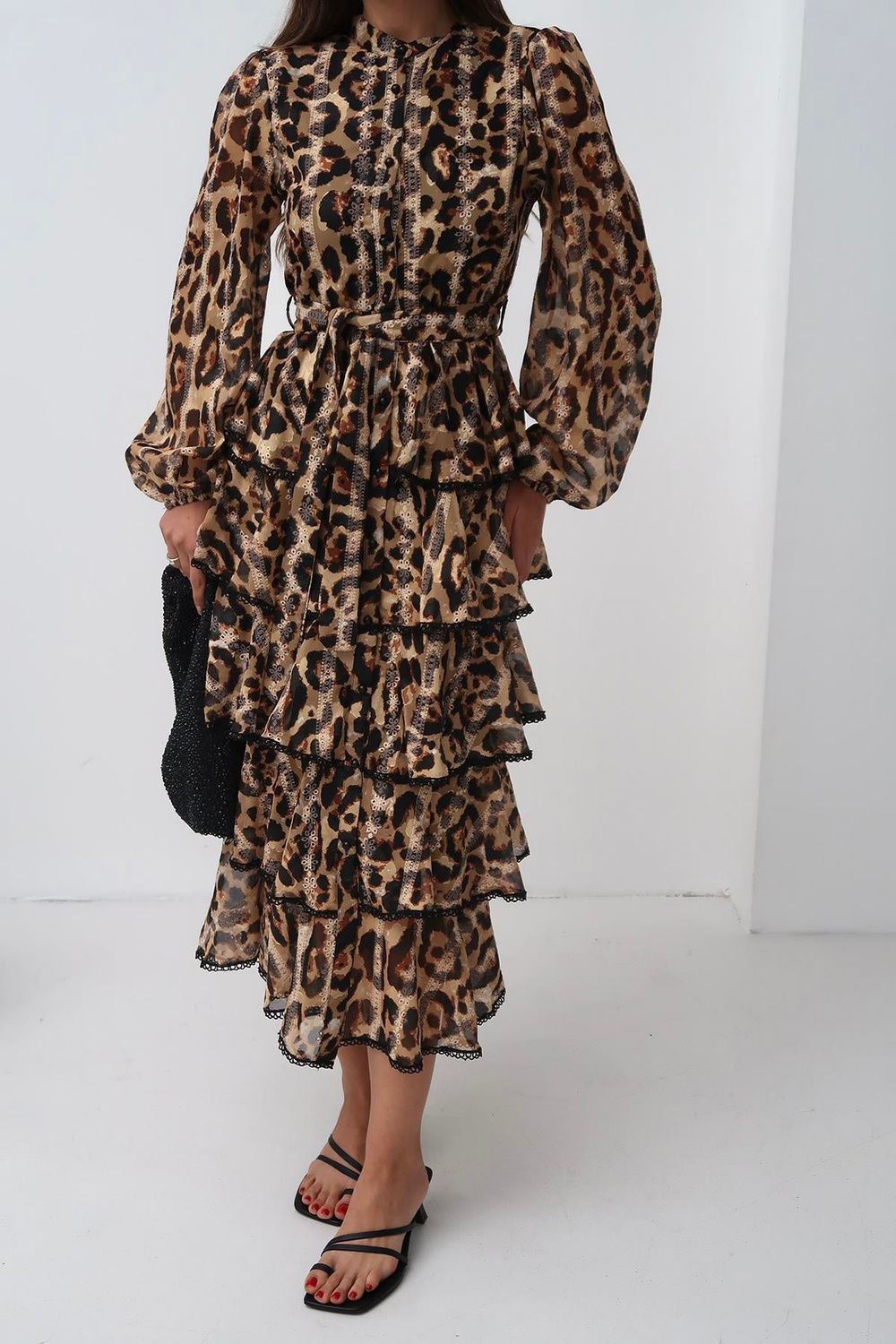 Wholesale Leopard Ruffled Striped Long Dress