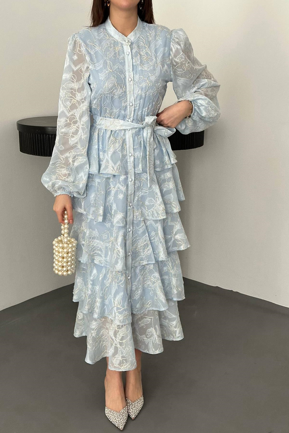 Wholesale Baby Blue Layered Jacquard Dress