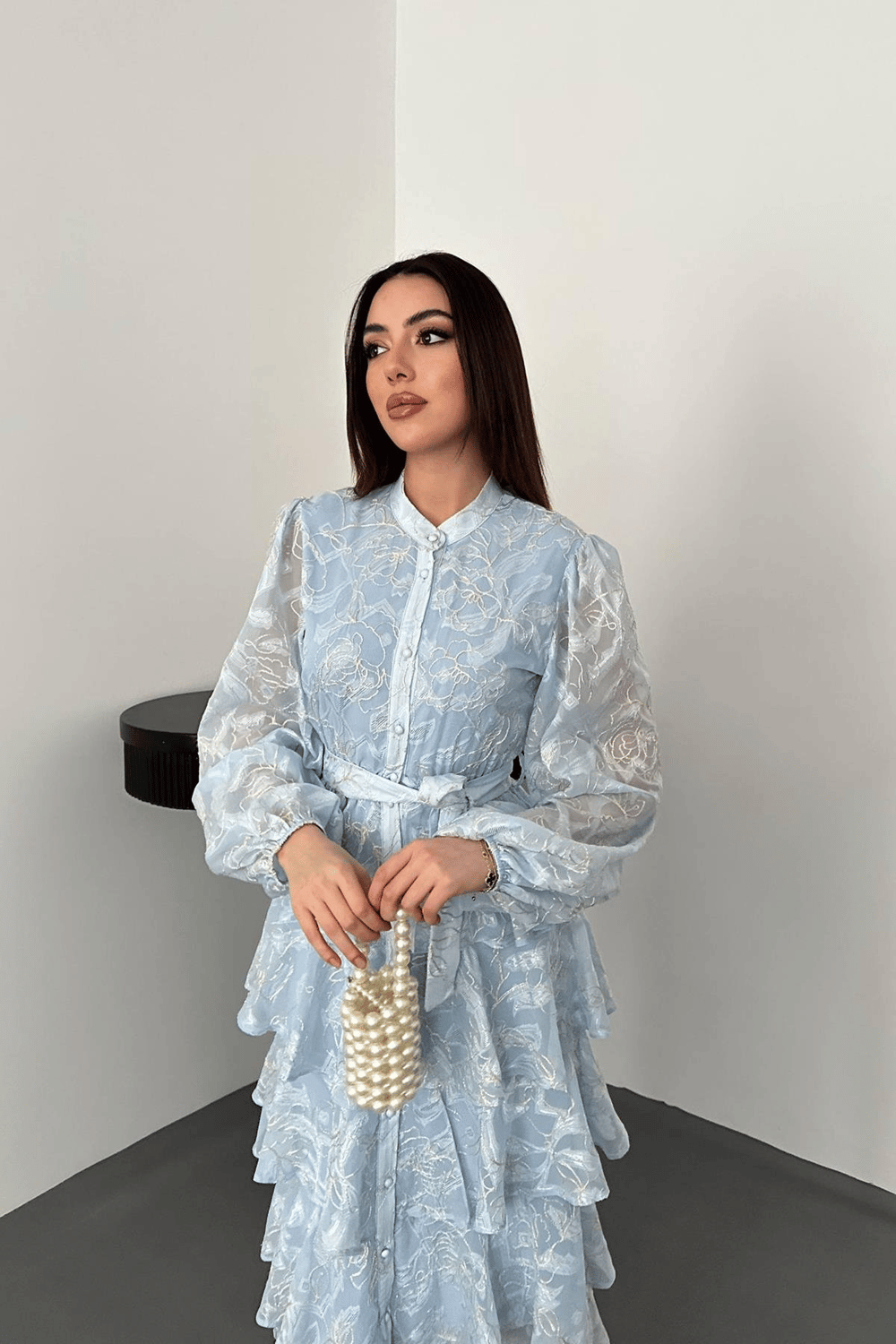 Wholesale Baby Blue Layered Jacquard Dress