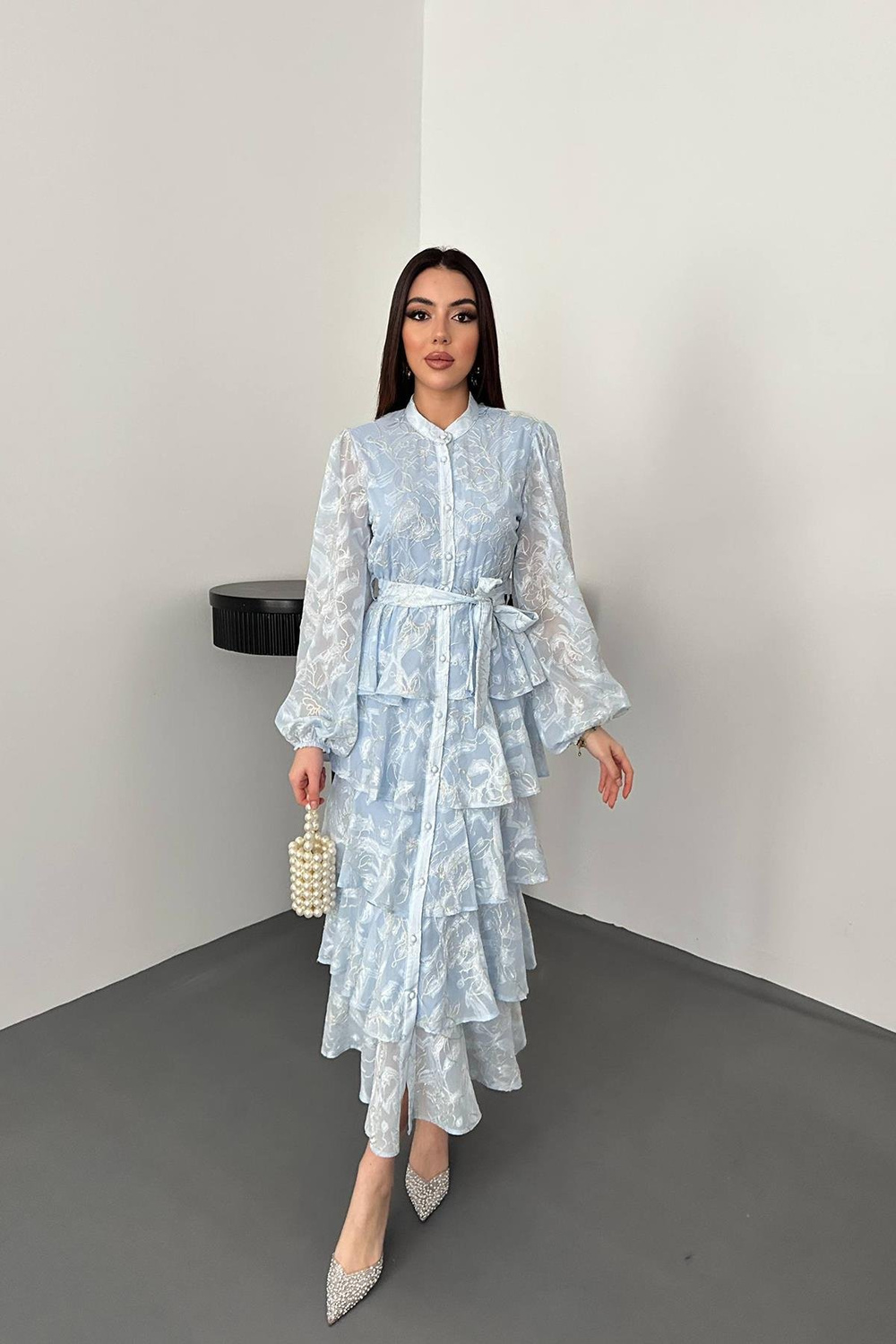 Wholesale Baby Blue Layered Jacquard Dress