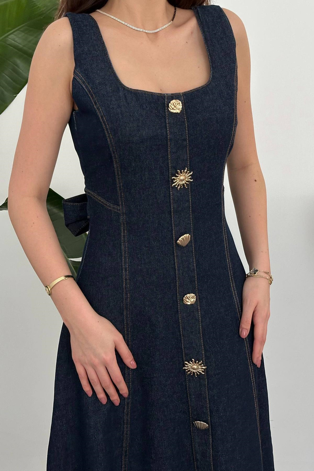 Wholesale Navy Denim Dress with Decorative Buttons