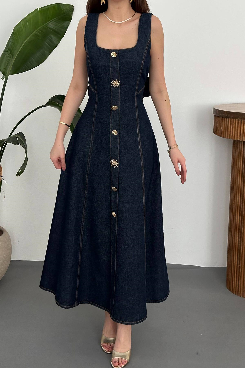 Wholesale Navy Denim Dress with Decorative Buttons