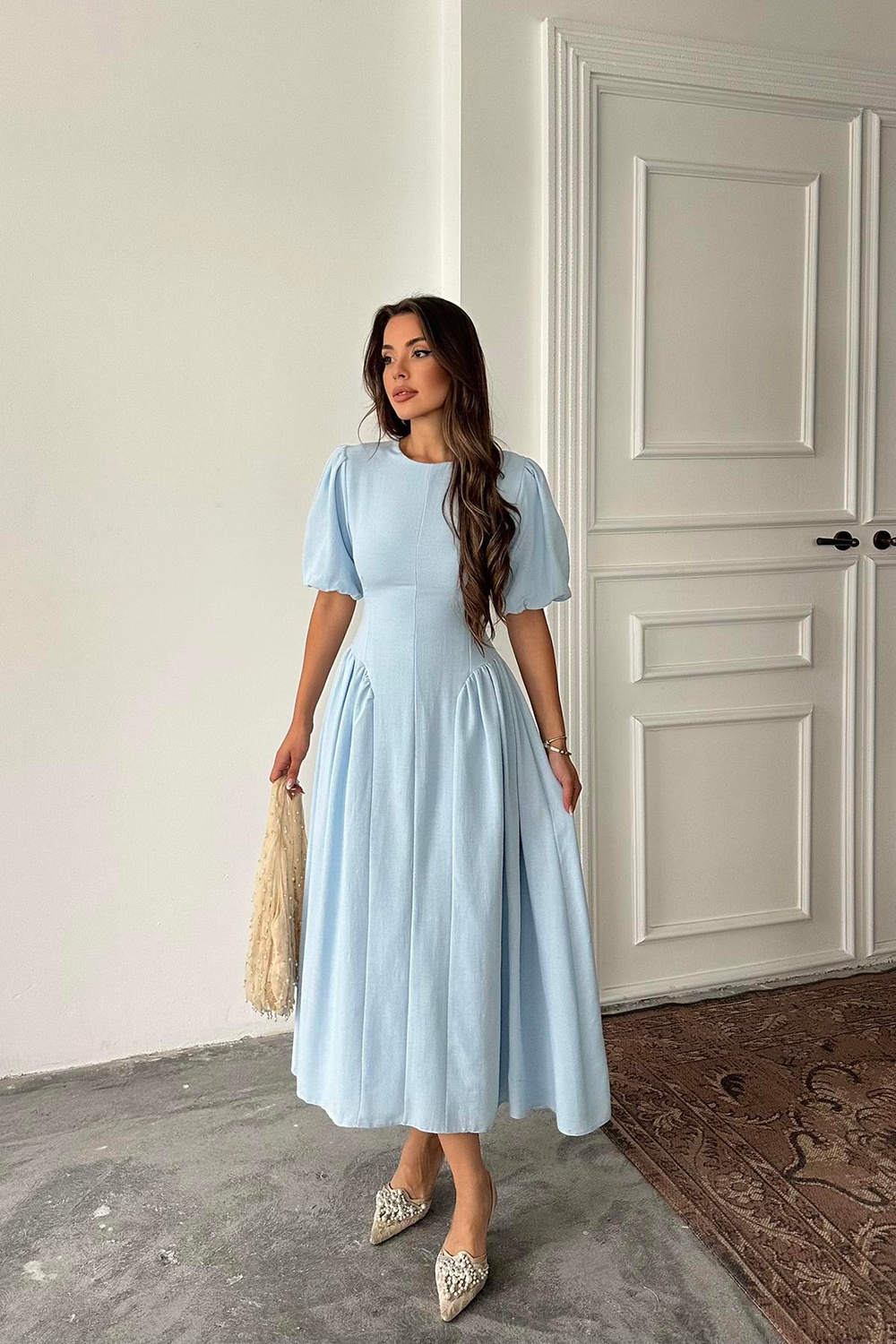 Wholesale Baby Blue Lantern-Sleeve Linen Dress