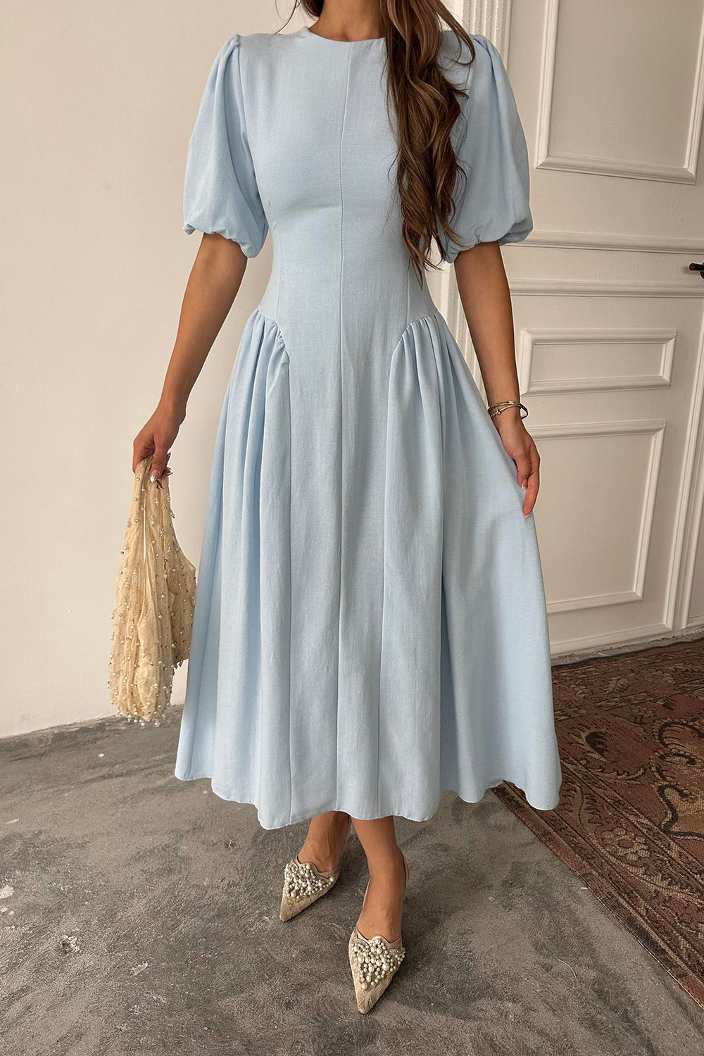 Wholesale Baby Blue Lantern-Sleeve Linen Dress