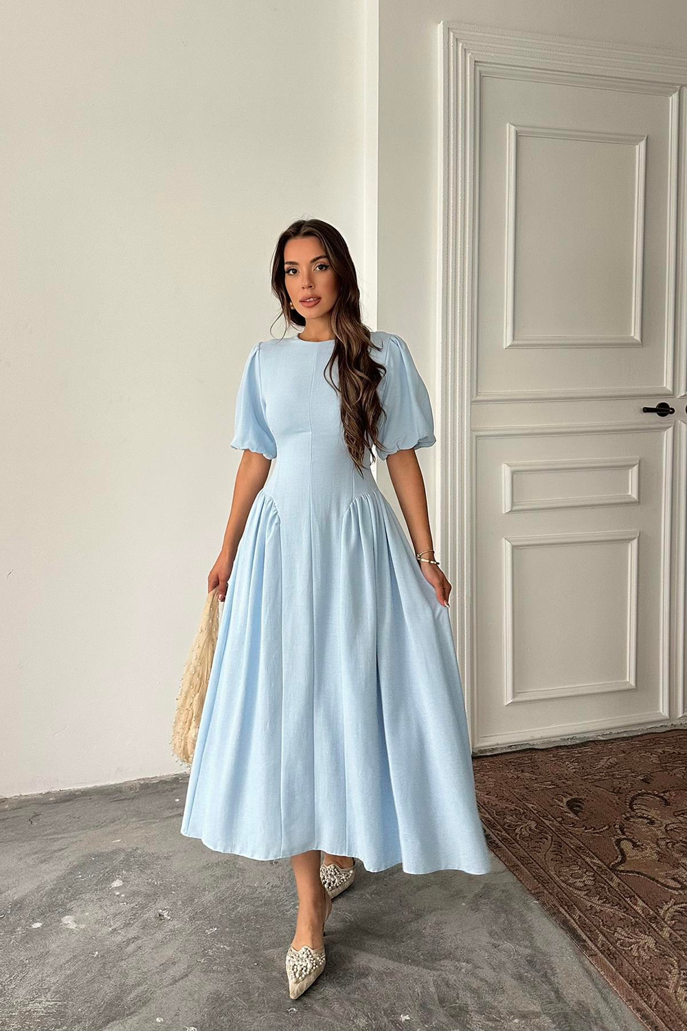 Wholesale Baby Blue Lantern-Sleeve Linen Dress