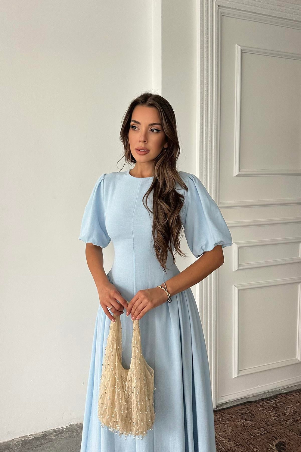 Wholesale Baby Blue Lantern-Sleeve Linen Dress