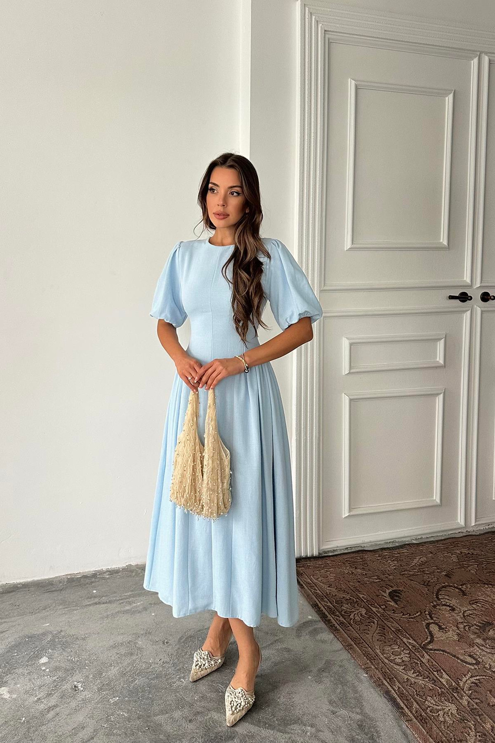 Wholesale Baby Blue Lantern-Sleeve Linen Dress