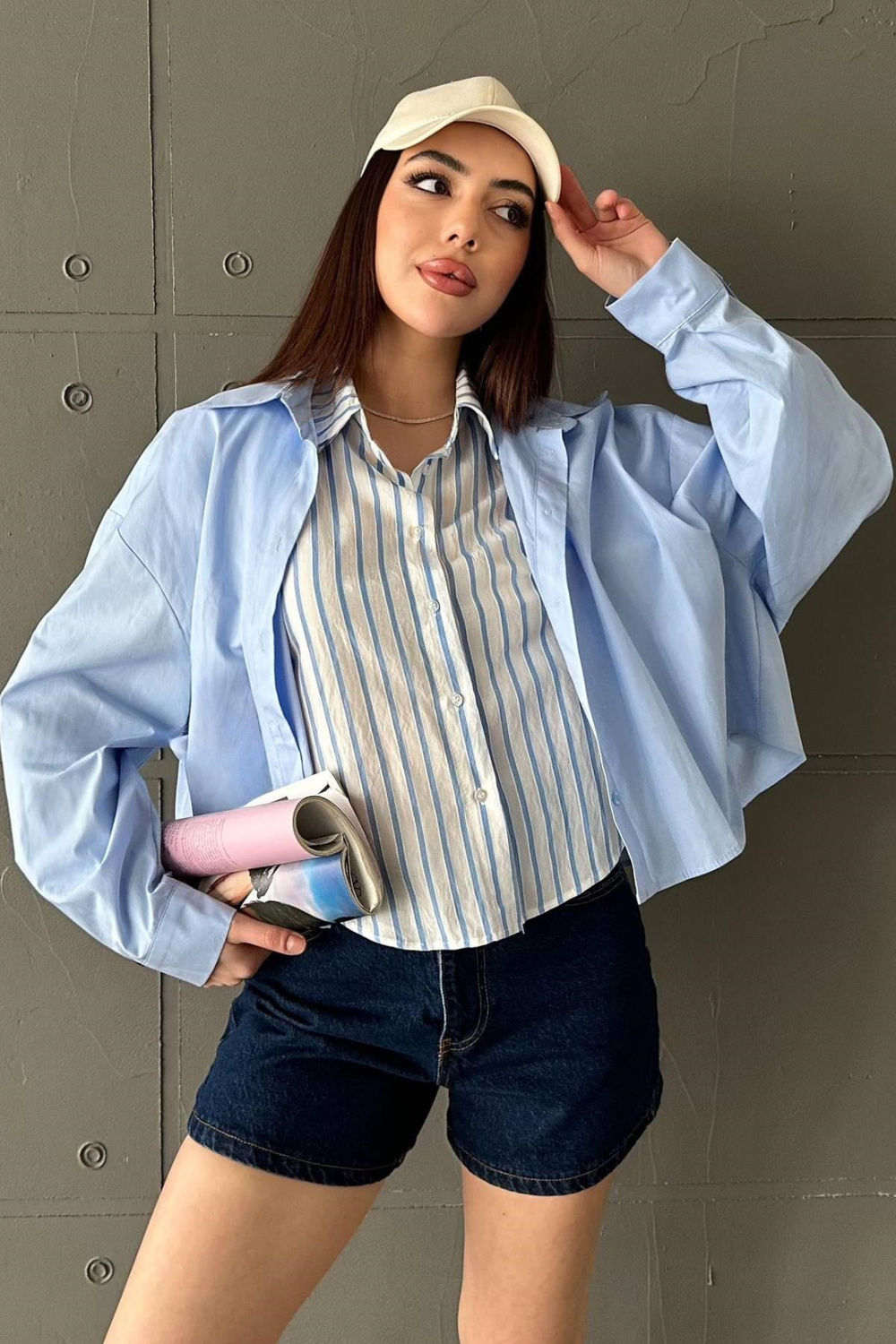 Wholesale Blue Double-Layered Striped Oversized Shirt