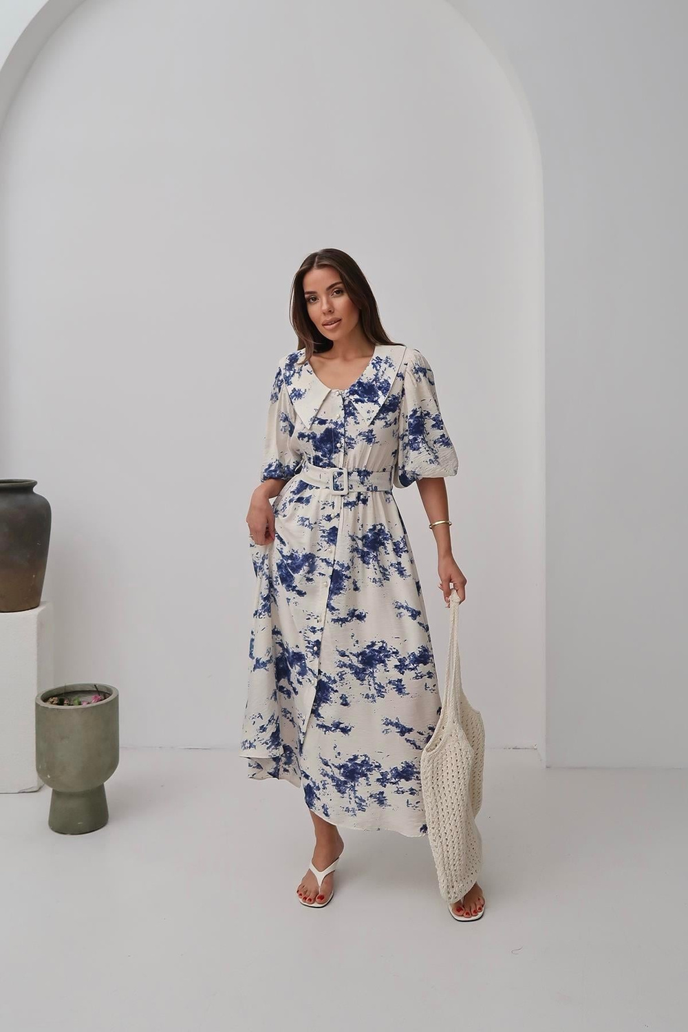 Wholesale Blue Patterned Belted Dress