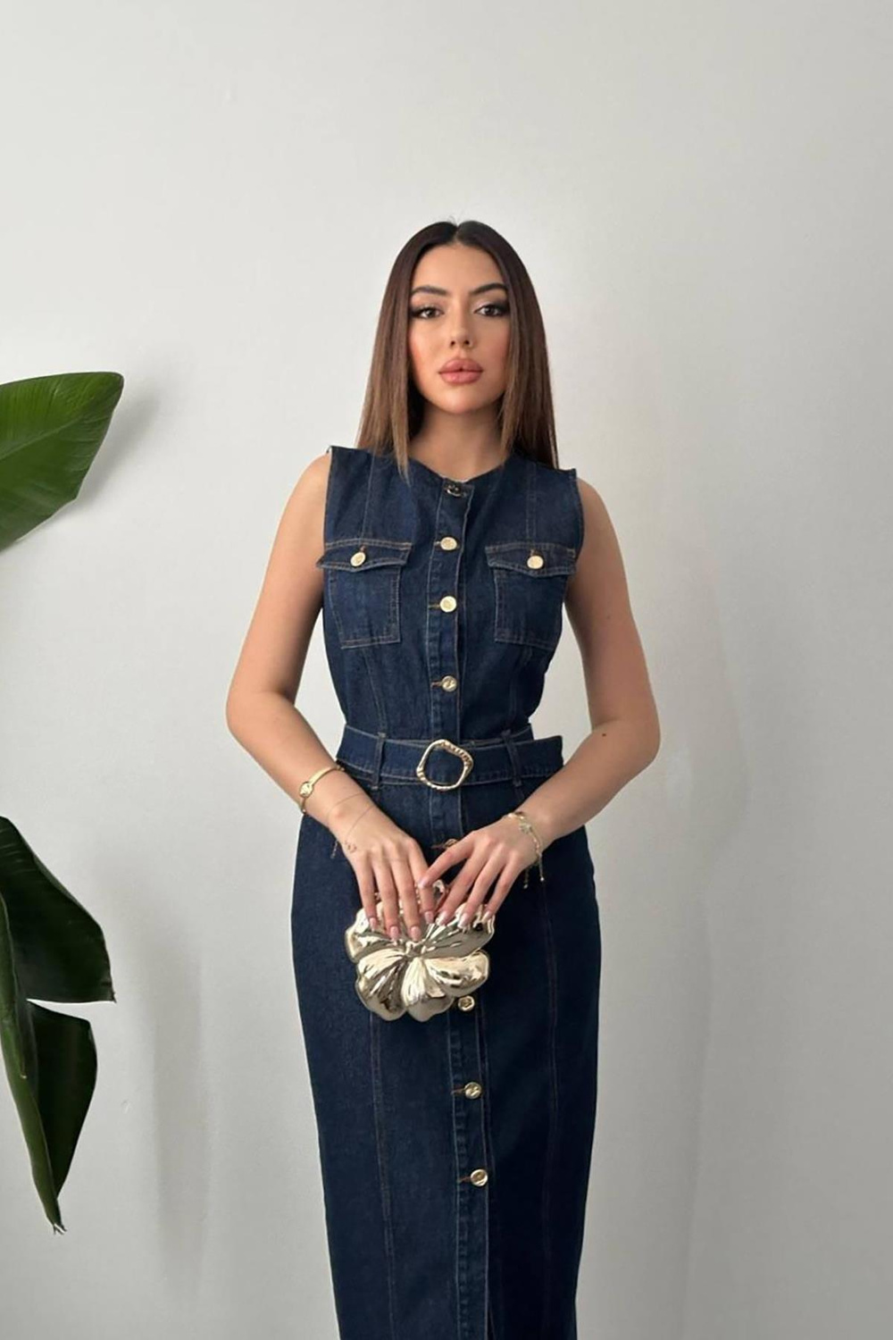 Wholesale Navy Button-Up Denim Dress